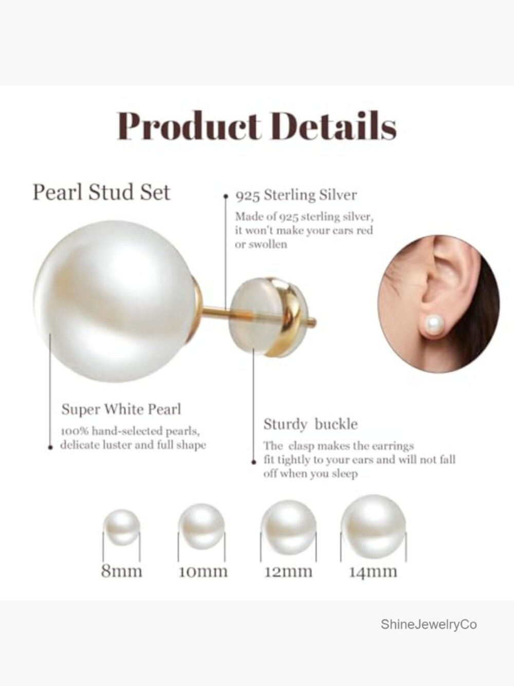 4 Pairs Pearl Stud Earrings Set 8-14mm Hypoallergenic Gold Plated - Picture 2 of 7